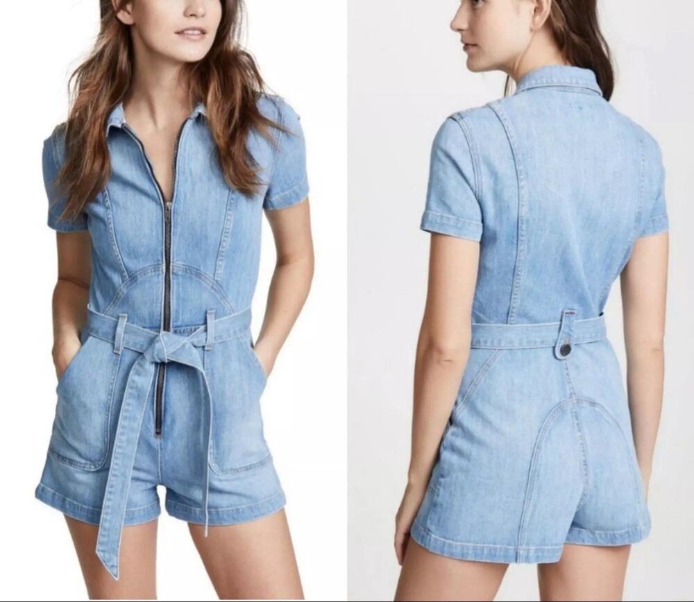 AO.LA Alice + Olivia Denim Romper Short Jumpsuit Size 27 Front Zipper Tie Sash